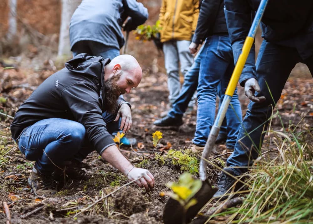Simon Streblow beim Bäume pflanzen – Impact und Nachhaltigkeit bei rebe, Arbeitseinsatz im Wald.